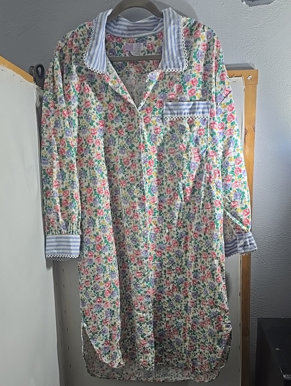 Floral Print Long Nightshirt Dress with Blue Trim
